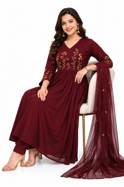 Maroon Floral Embroidered Anarkali Suit Set with Dupatta