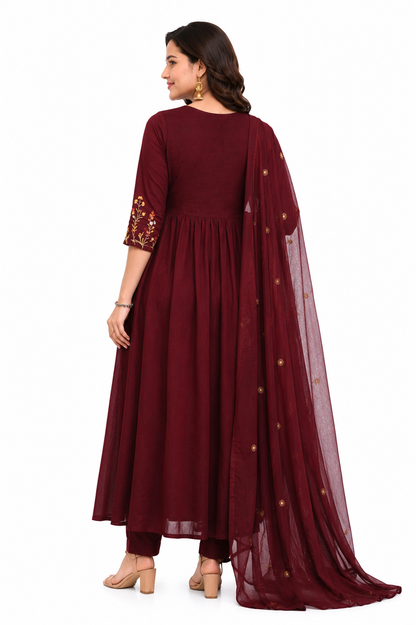 Maroon Floral Embroidered Anarkali Suit Set with Dupatta