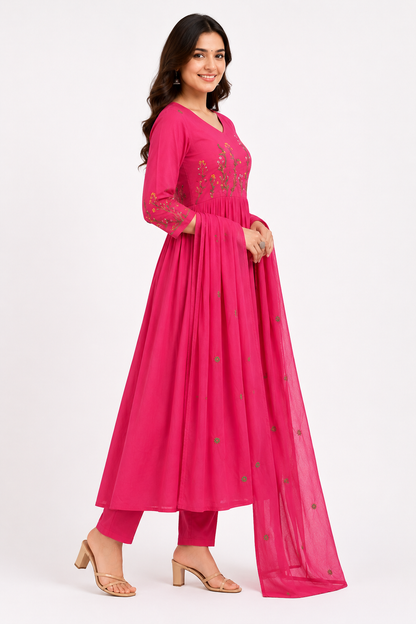 Pink Embroidered Anarkali Suit Set with Dupatta | Festive Ethnic Wear