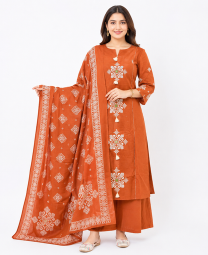 Rust Orange Embroidered Kurta Palazzo Set with Printed Dupatta for Women