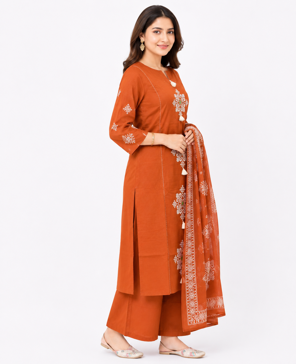 Rust Orange Embroidered Kurta Palazzo Set with Printed Dupatta for Women