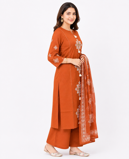 Rust Orange Embroidered Kurta Palazzo Set with Printed Dupatta for Women