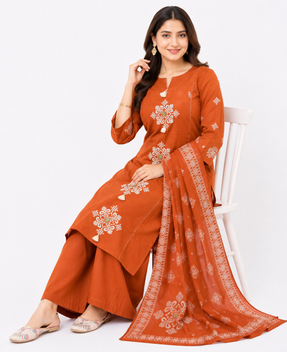 Rust Orange Embroidered Kurta Palazzo Set with Printed Dupatta for Women