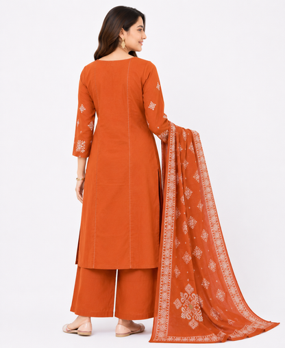 Rust Orange Embroidered Kurta Palazzo Set with Printed Dupatta for Women