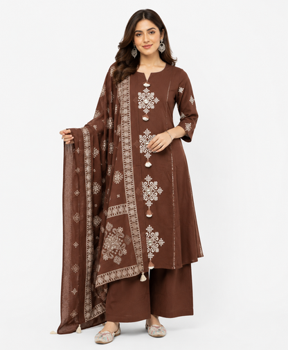 Women's Brown Embroidered Kurta Palazzo Set with Printed Dupatta