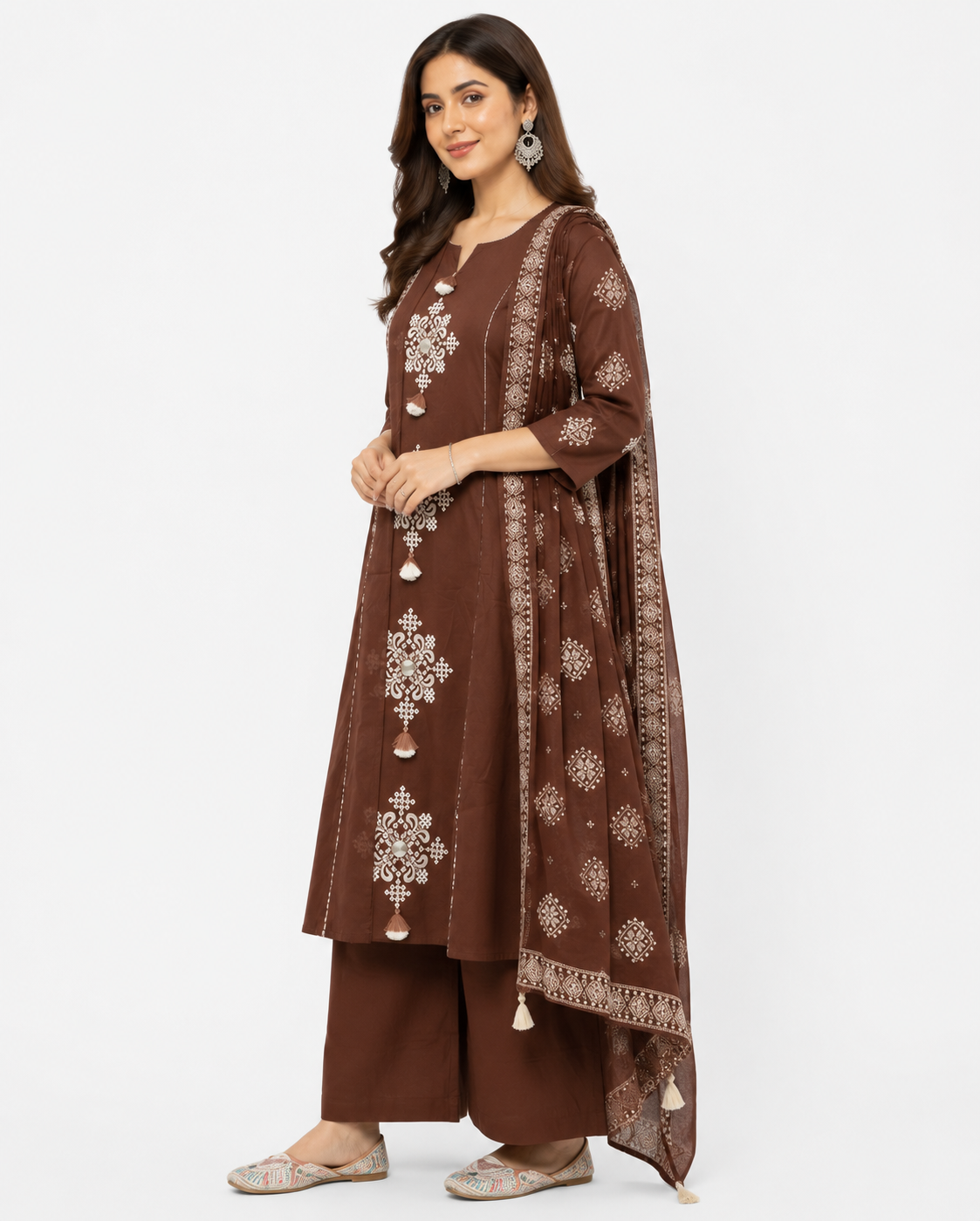 Women's Brown Embroidered Kurta Palazzo Set with Printed Dupatta