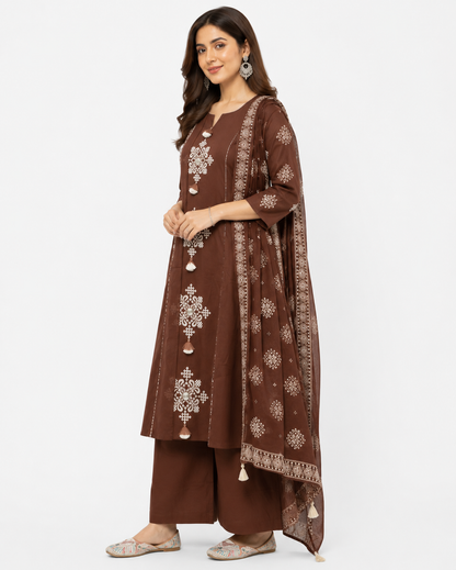 Women's Brown Embroidered Kurta Palazzo Set with Printed Dupatta