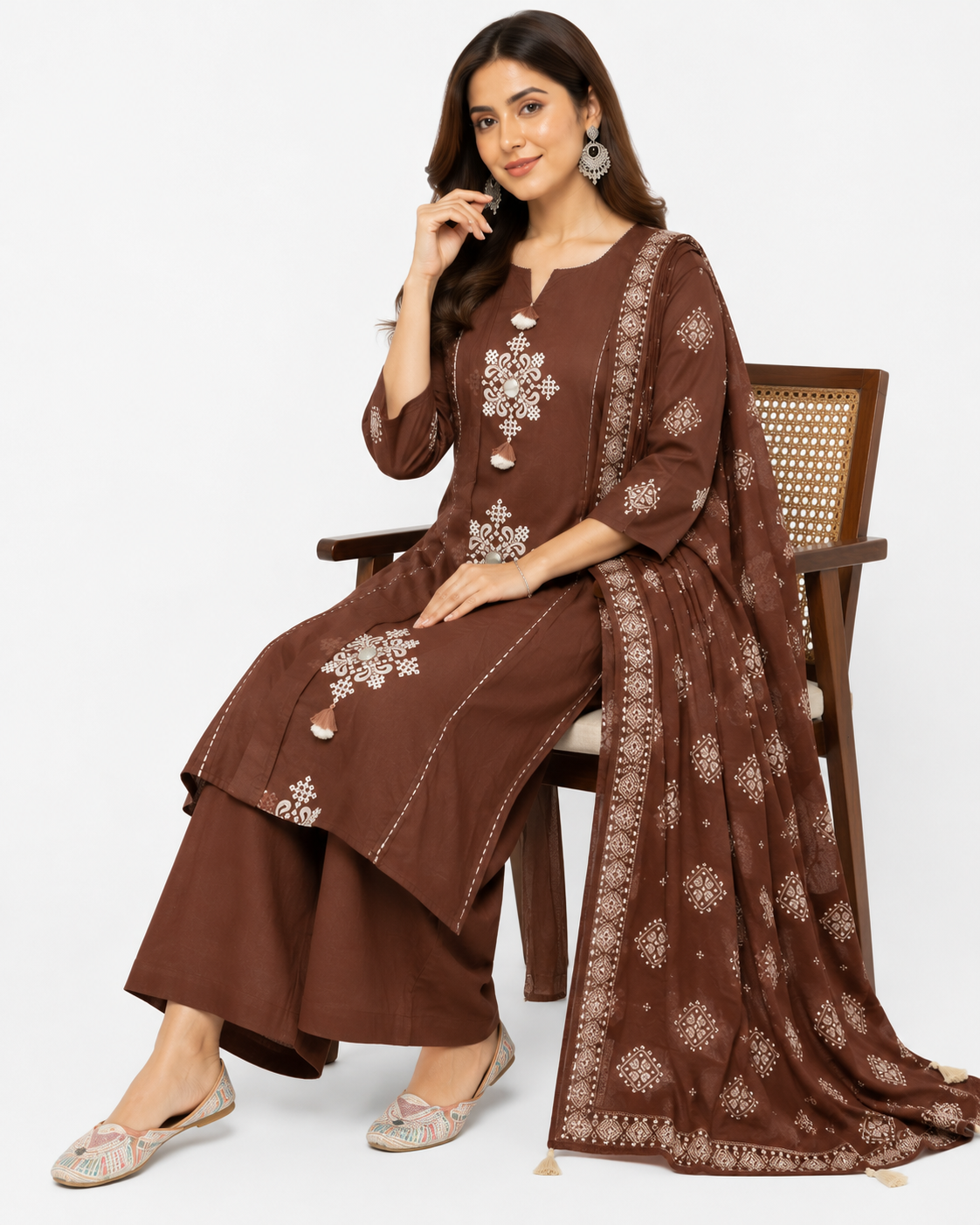 Women's Brown Embroidered Kurta Palazzo Set with Printed Dupatta