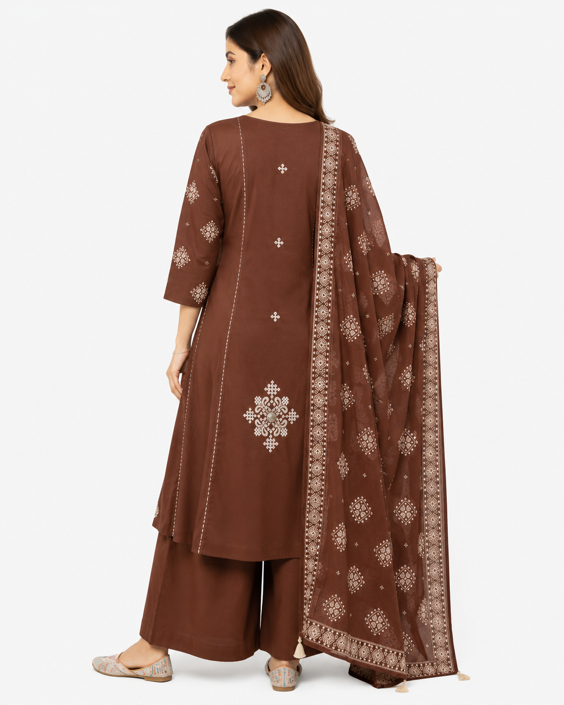 Women's Brown Embroidered Kurta Palazzo Set with Printed Dupatta