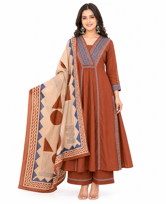 Rust Brown Printed Cotton Kurta Set with Geometric Dupatta