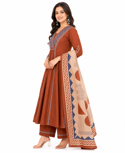 Rust Brown Printed Cotton Kurta Set with Geometric Dupatta