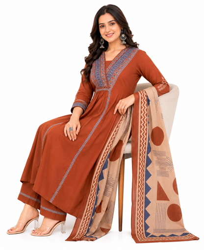Rust Brown Printed Cotton Kurta Set with Geometric Dupatta