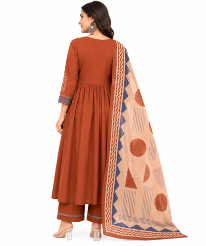 Rust Brown Printed Cotton Kurta Set with Geometric Dupatta