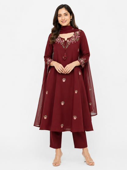 Women's Maroon Floral Embroidered Kurta Pant & Dupatta Set