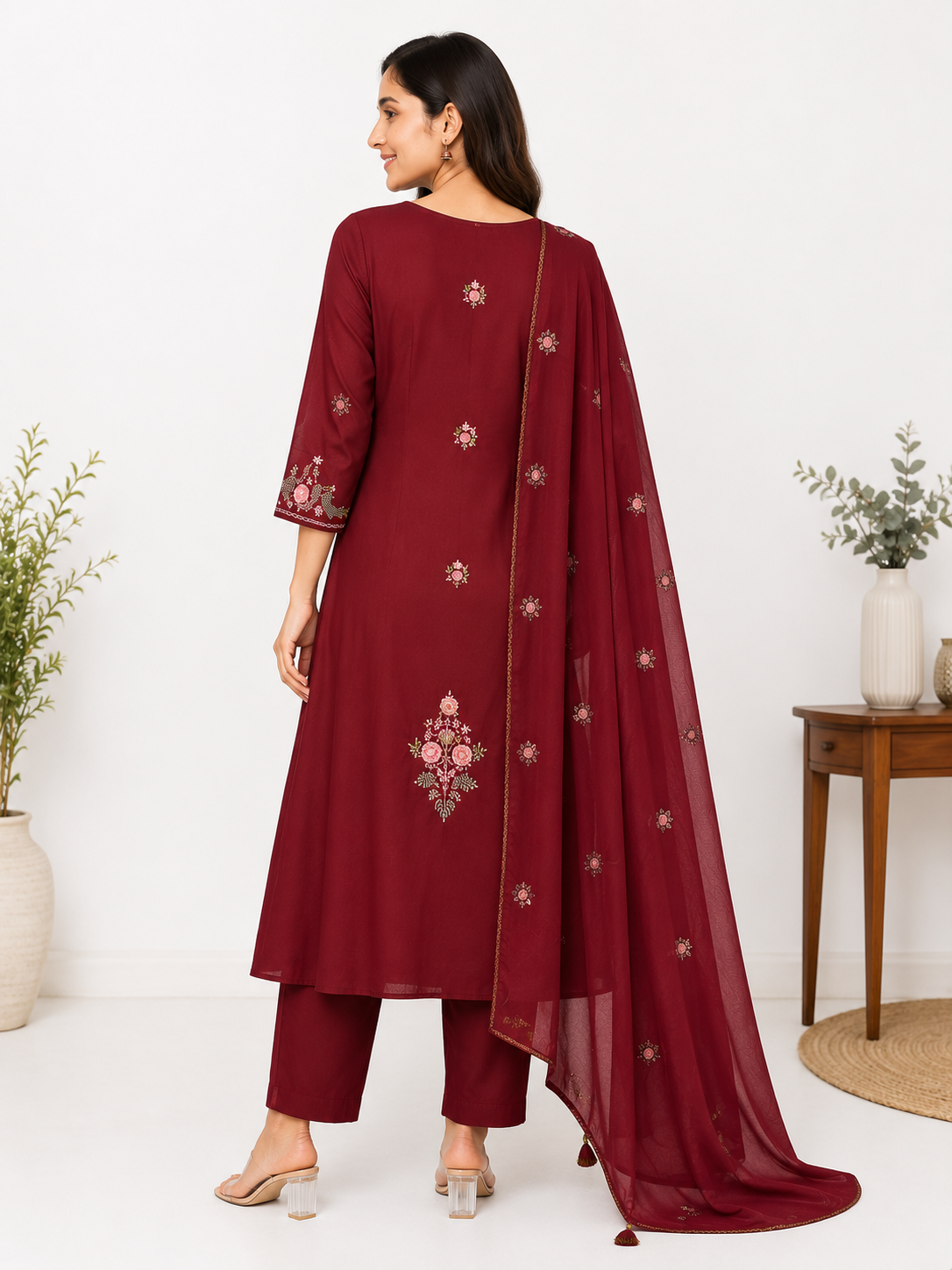 Women's Maroon Floral Embroidered Kurta Pant & Dupatta Set