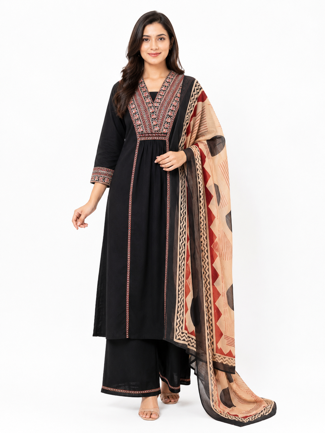 Black Embroidered Kurta Palazzo Set with Printed Dupatta for Women