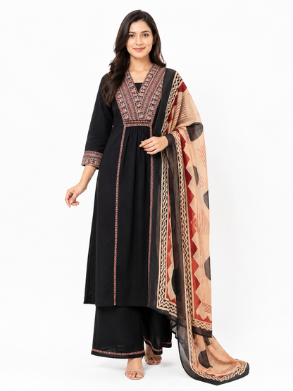 Black Embroidered Kurta Palazzo Set with Printed Dupatta for Women