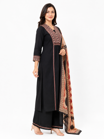 Black Embroidered Kurta Palazzo Set with Printed Dupatta for Women