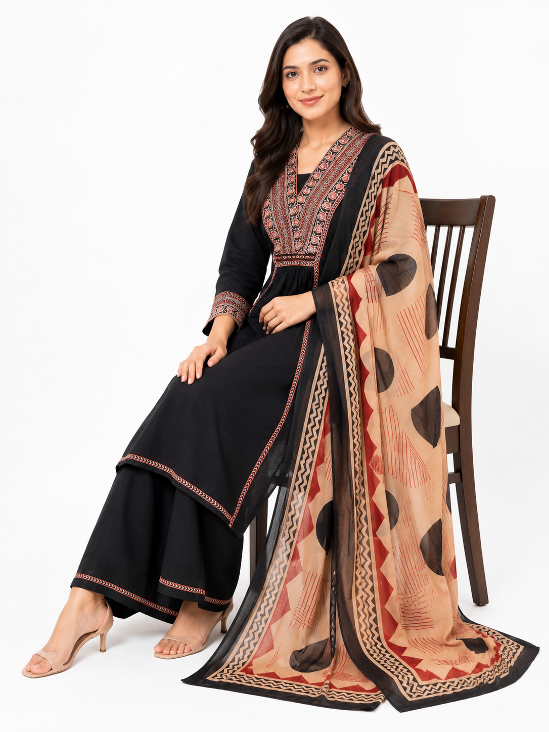 Black Embroidered Kurta Palazzo Set with Printed Dupatta for Women
