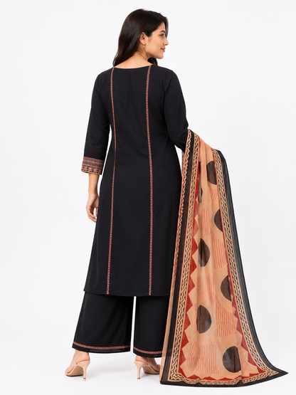 Black Embroidered Kurta Palazzo Set with Printed Dupatta for Women