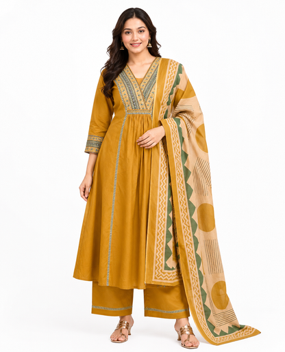 Mustard Cotton Kurta Pant Set with Printed Dupatta | Women's Ethnic Wear