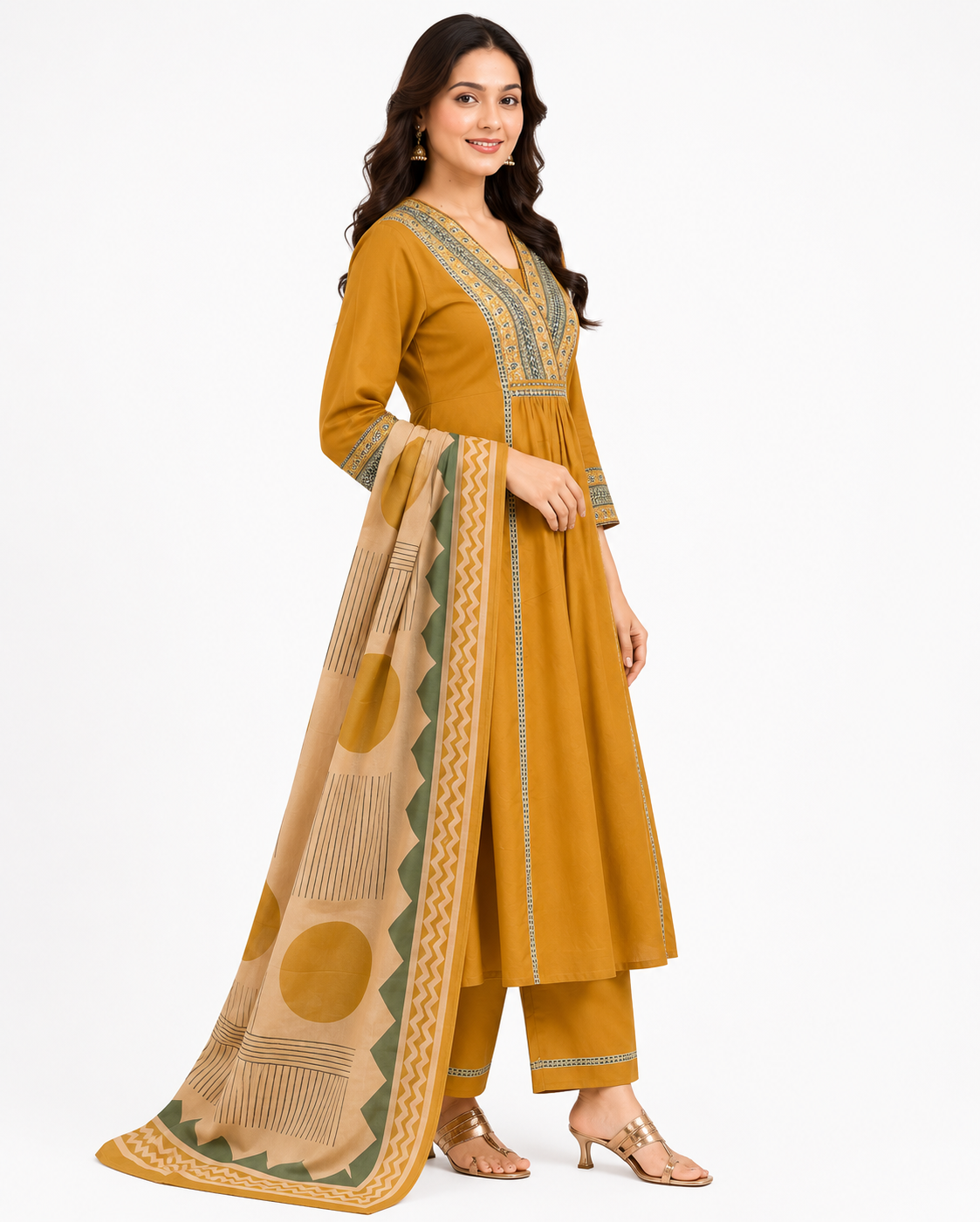 Mustard Cotton Kurta Pant Set with Printed Dupatta | Women's Ethnic Wear