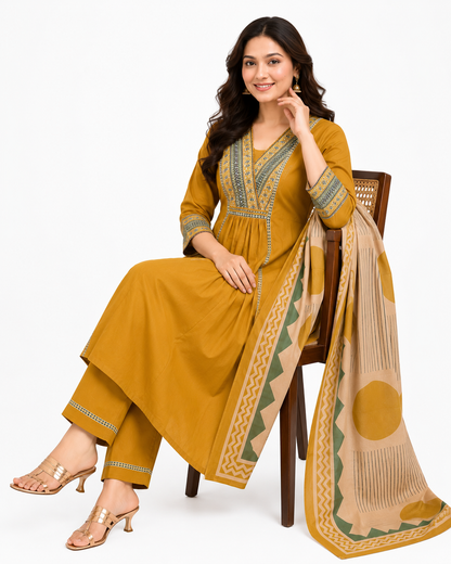 Mustard Cotton Kurta Pant Set with Printed Dupatta | Women's Ethnic Wear