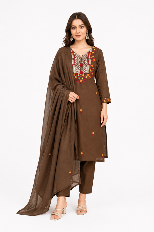 Women's Brown Embroidered Cotton Kurta Set with Dupatta