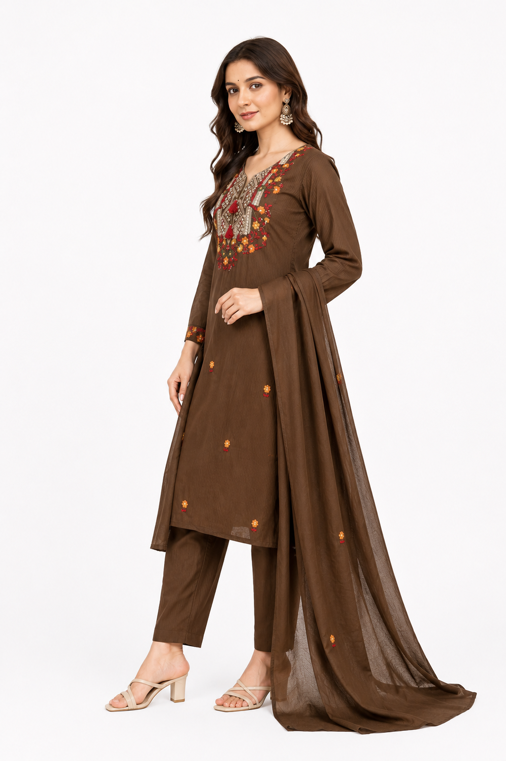 Women's Brown Embroidered Cotton Kurta Set with Dupatta