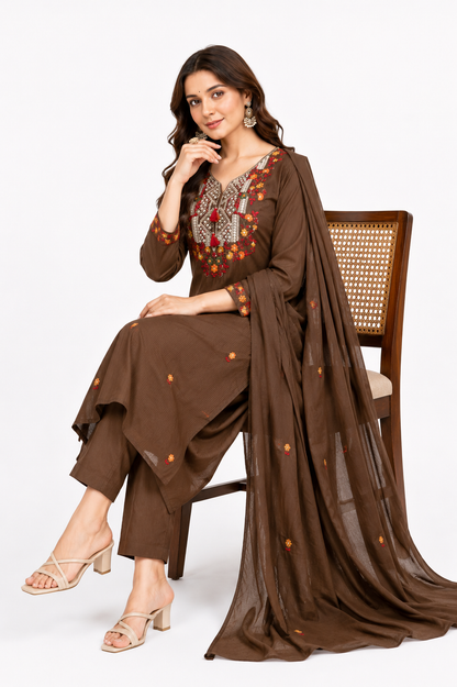 Women's Brown Embroidered Cotton Kurta Set with Dupatta