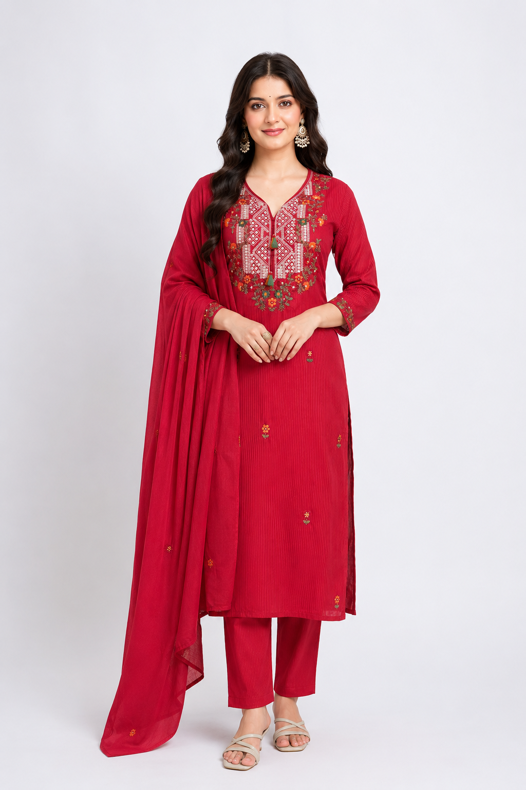 Ruby Red Premium Mulmul Embroidered Kurta Pant Dupatta Set