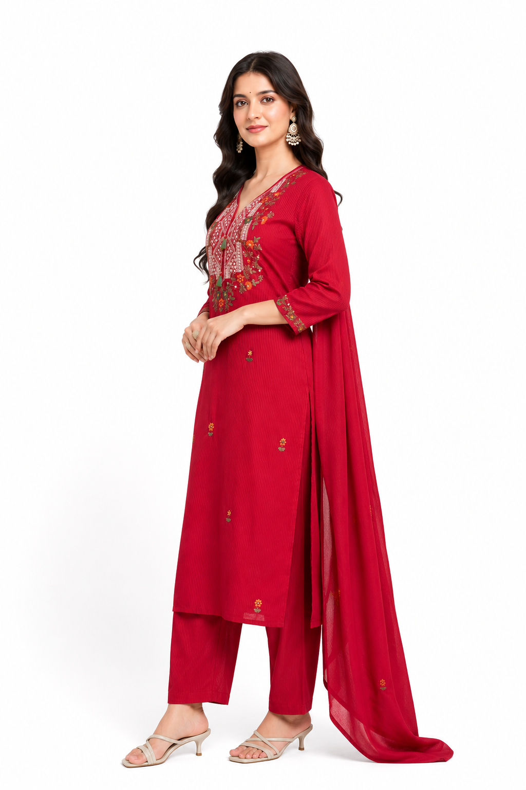 Ruby Red Premium Mulmul Embroidered Kurta Pant Dupatta Set