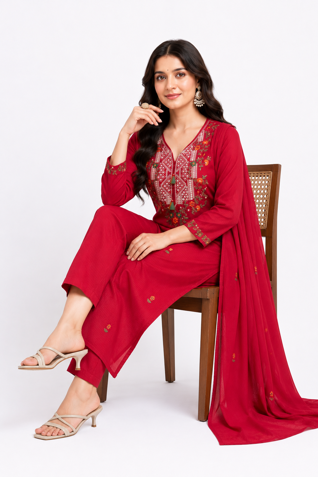 Ruby Red Premium Mulmul Embroidered Kurta Pant Dupatta Set