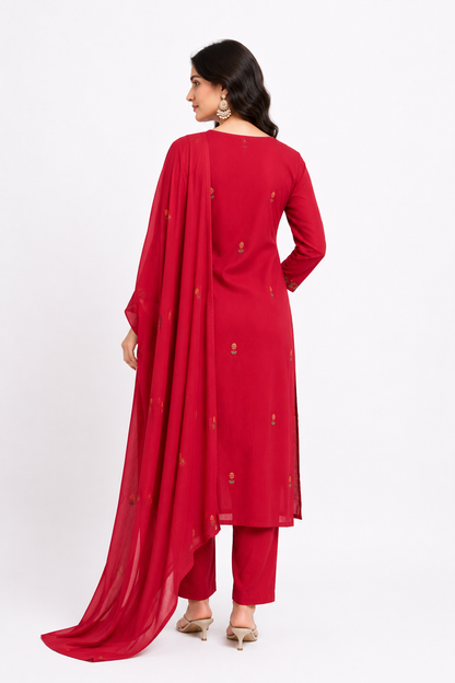 Ruby Red Premium Mulmul Embroidered Kurta Pant Dupatta Set
