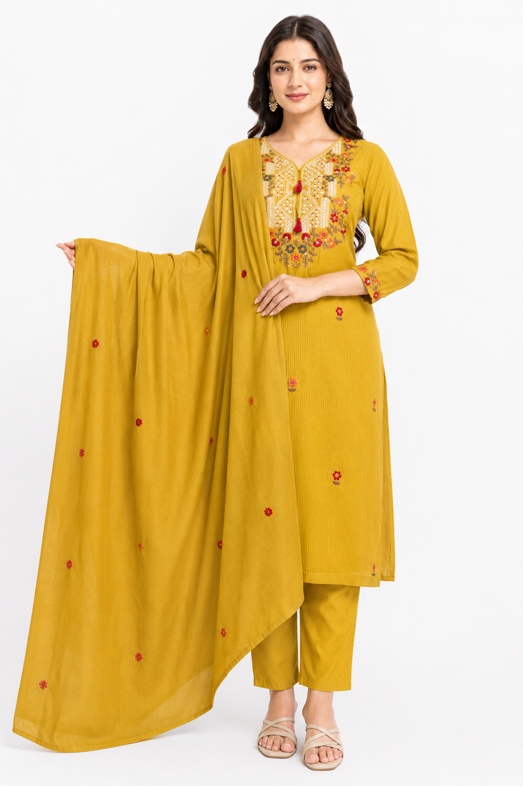 Mustard Yellow Embroidered Kurta Set with Dupatta for Women