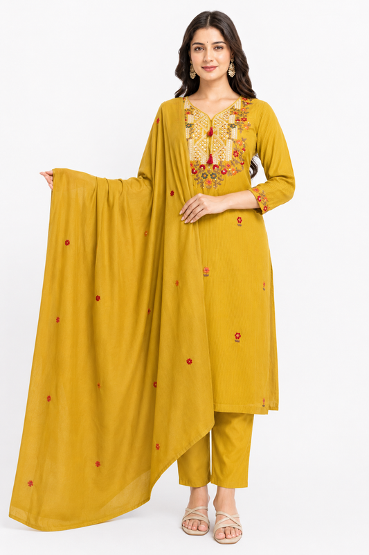 Mustard Yellow Embroidered Kurta Set with Dupatta for Women