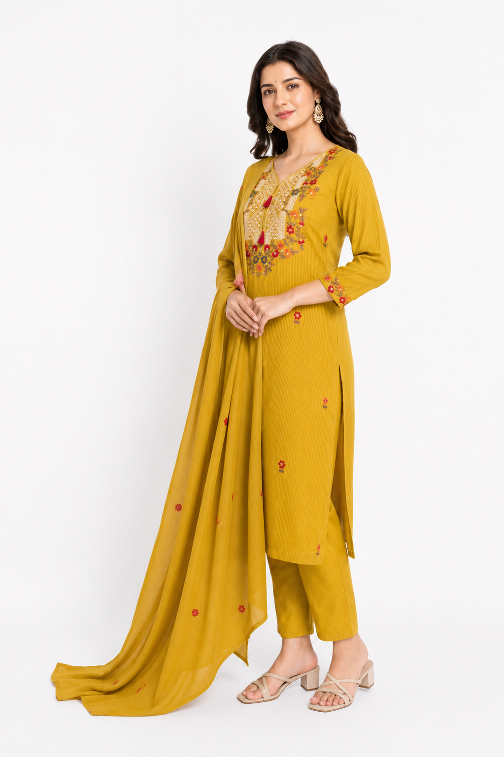 Mustard Yellow Embroidered Kurta Set with Dupatta for Women