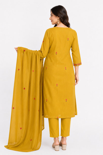 Mustard Yellow Embroidered Kurta Set with Dupatta for Women