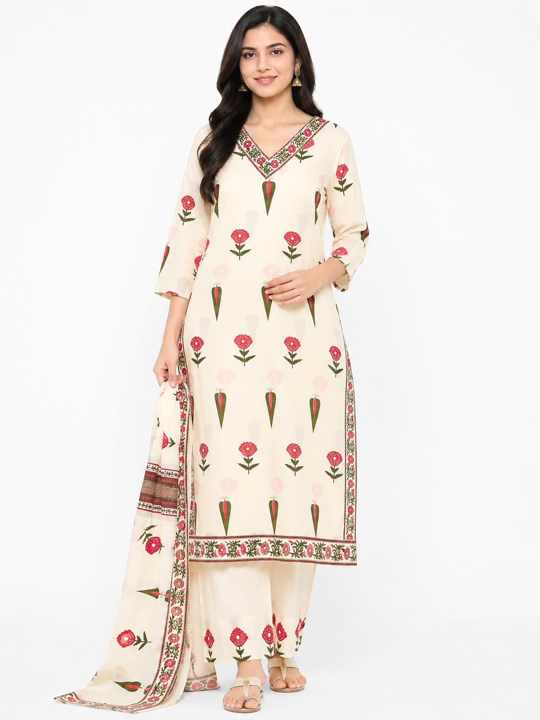 Women's Cream Floral Printed Straight Kurta Pant & Dupatta Set
