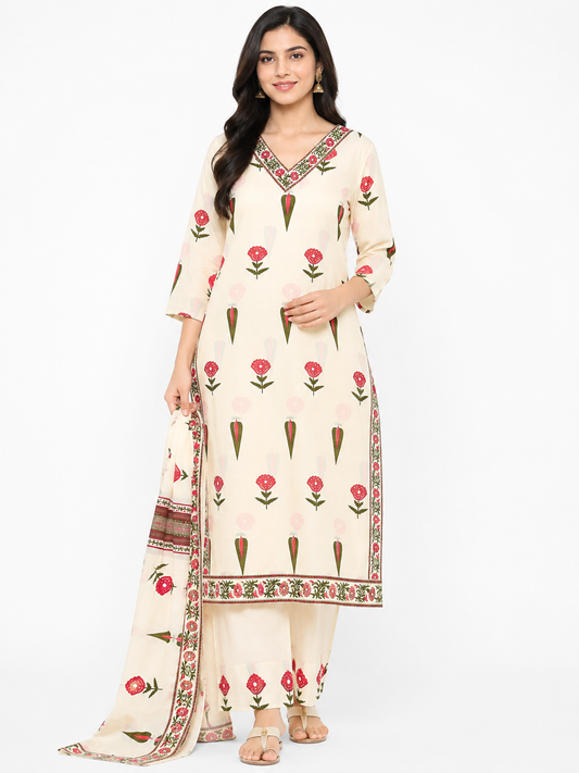 Women's Cream Floral Printed Straight Kurta Pant & Dupatta Set