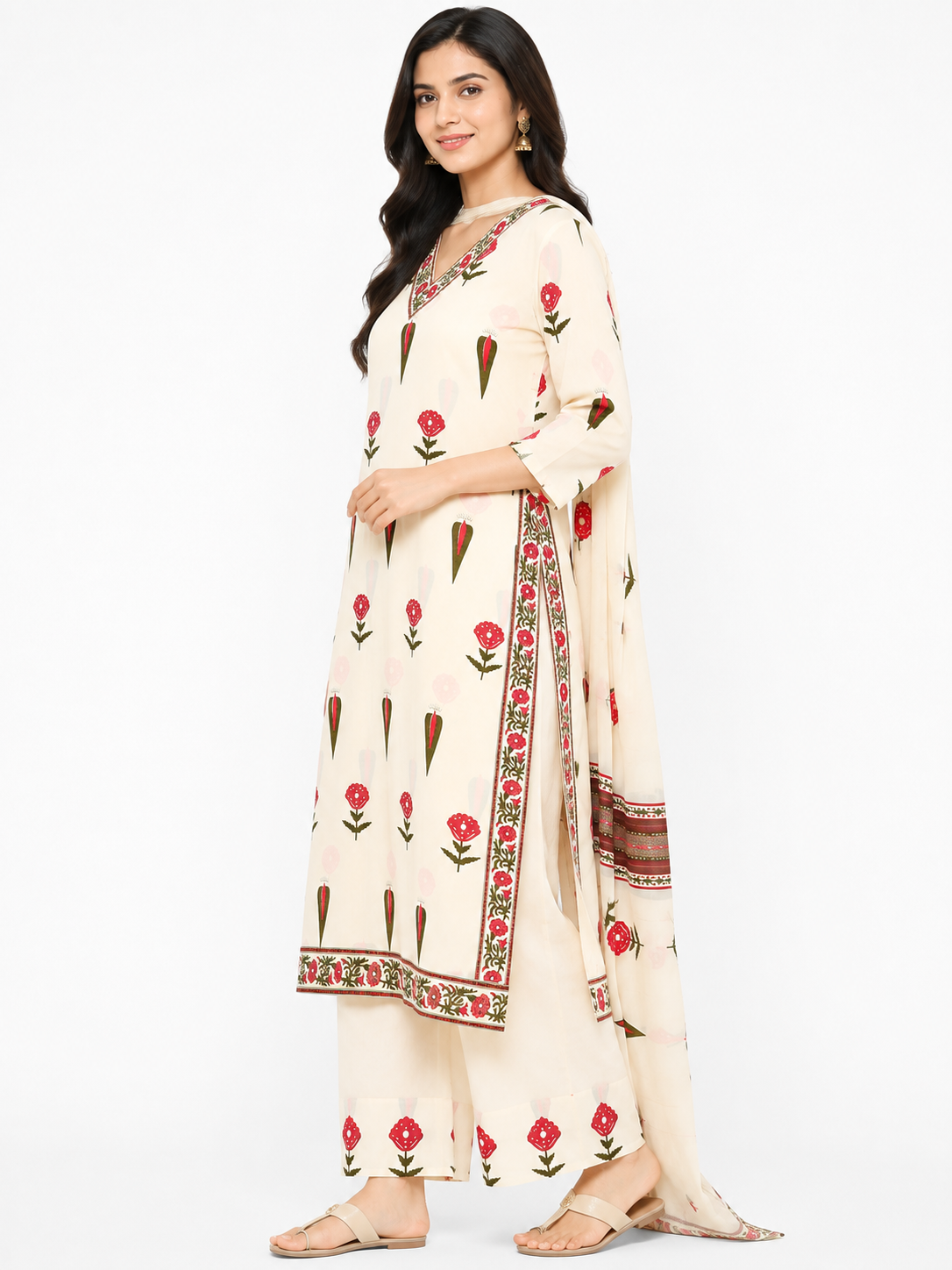 Women's Cream Floral Printed Straight Kurta Pant & Dupatta Set