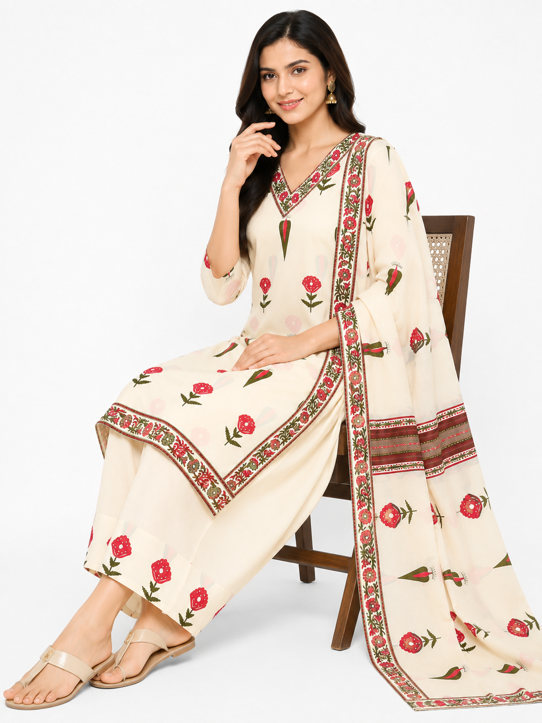 Women's Cream Floral Printed Straight Kurta Pant & Dupatta Set