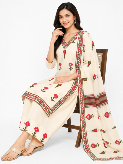 Women's Cream Floral Printed Straight Kurta Pant & Dupatta Set