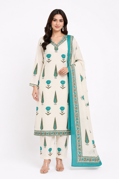 Ivory Cream & Turquoise Blue Floral Printed Cotton Kurta Pant Dupatta Set