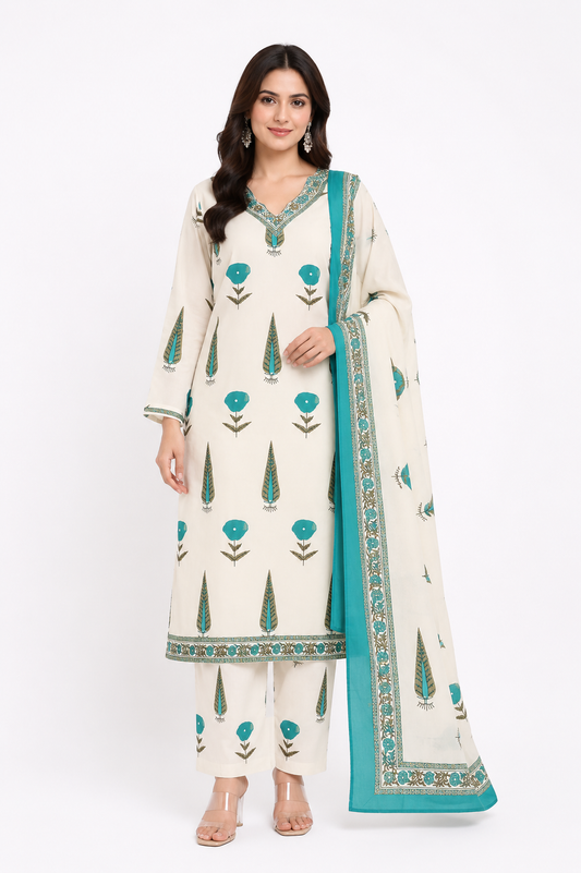 Ivory Cream & Turquoise Blue Floral Printed Cotton Kurta Pant Dupatta Set