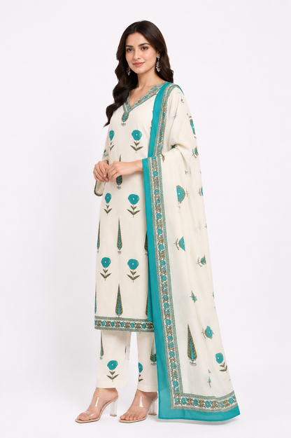 Ivory Cream & Turquoise Blue Floral Printed Cotton Kurta Pant Dupatta Set