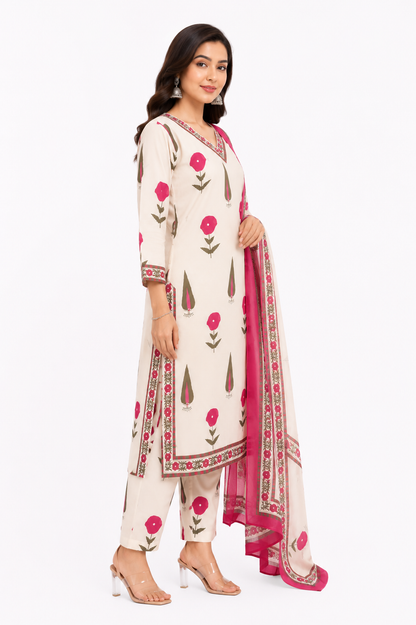 Women's Cream Floral Printed Cotton Suit Set with Dupatta
