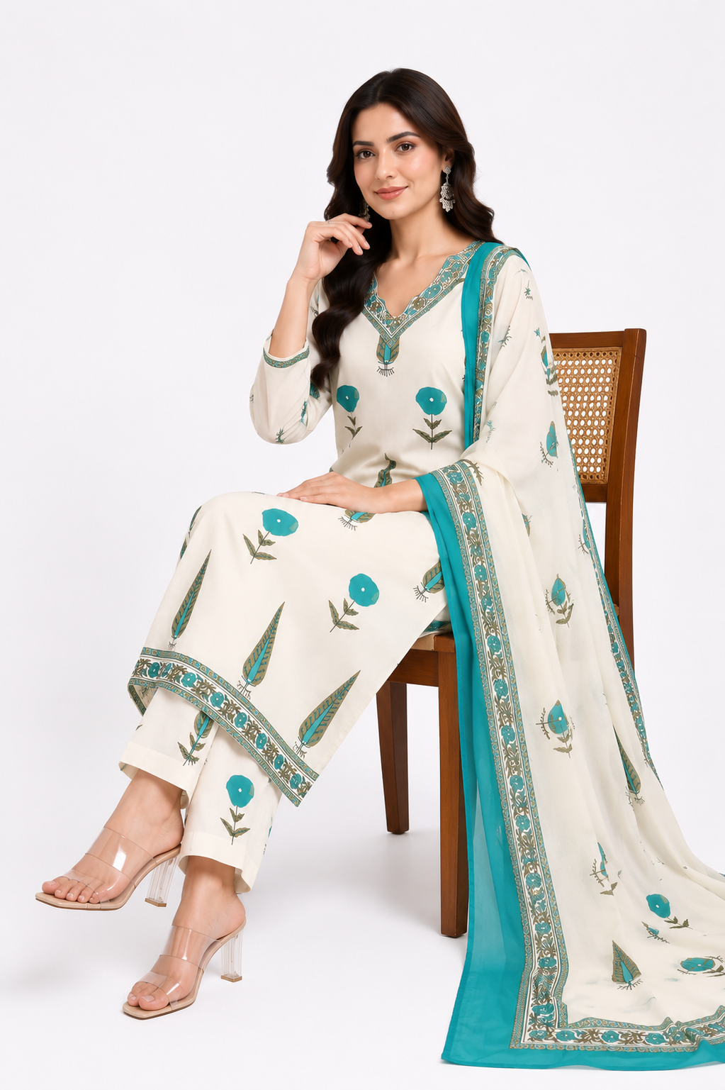 Ivory Cream & Turquoise Blue Floral Printed Cotton Kurta Pant Dupatta Set