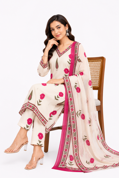 Women's Cream Floral Printed Cotton Suit Set with Dupatta