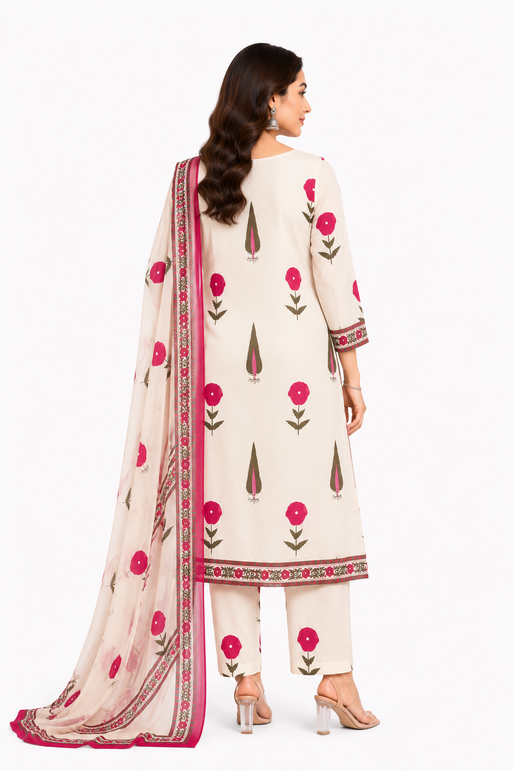 Women's Cream Floral Printed Cotton Suit Set with Dupatta